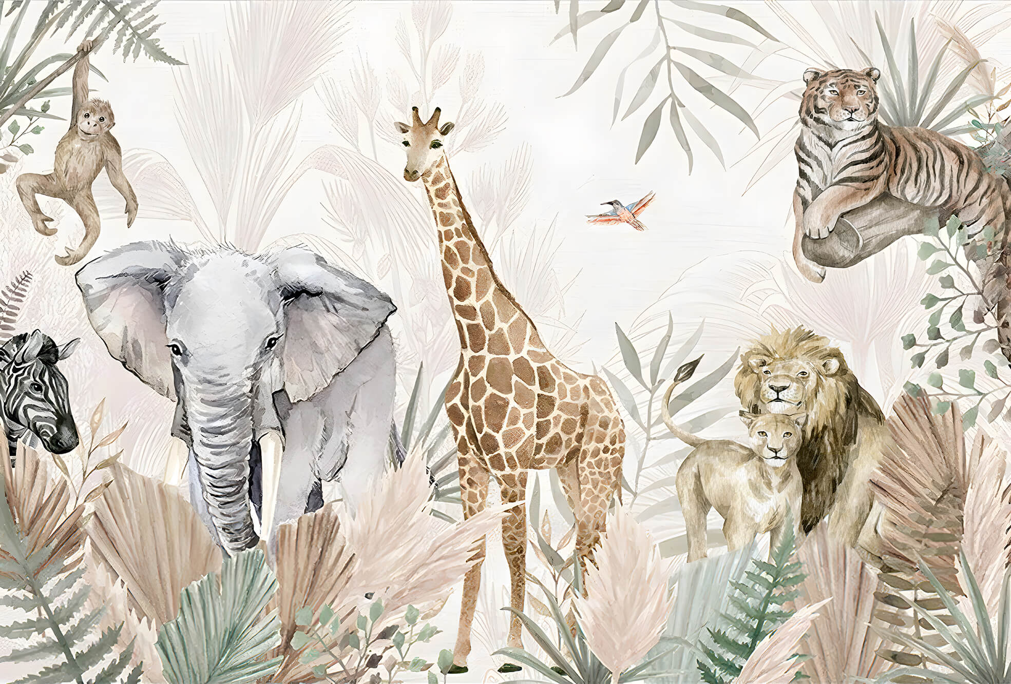 Painted Vintage Safari Animals Wallpaper Mural