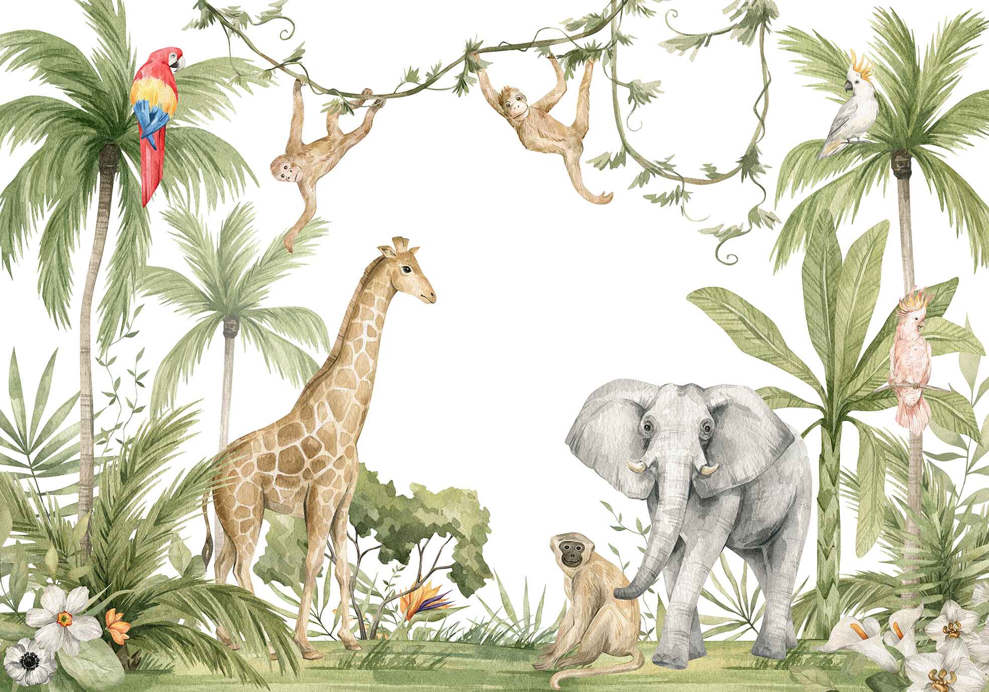 Adorable Safari Animals Painted Wallpaper Mural