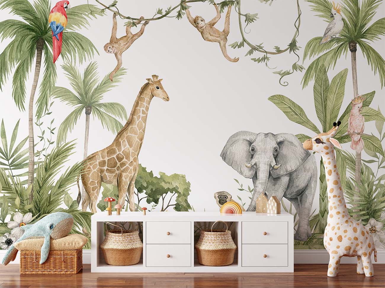 Adorable Safari Animals Painted Wallpaper Mural