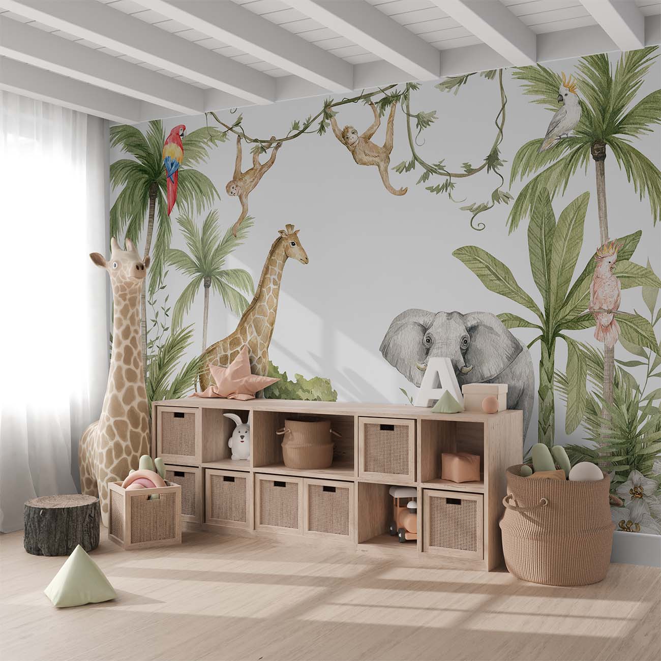 Adorable Safari Animals Painted Wallpaper Mural