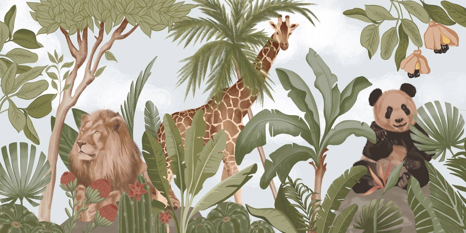Awesome Giraffe Lion Panda Wallpaper Mural