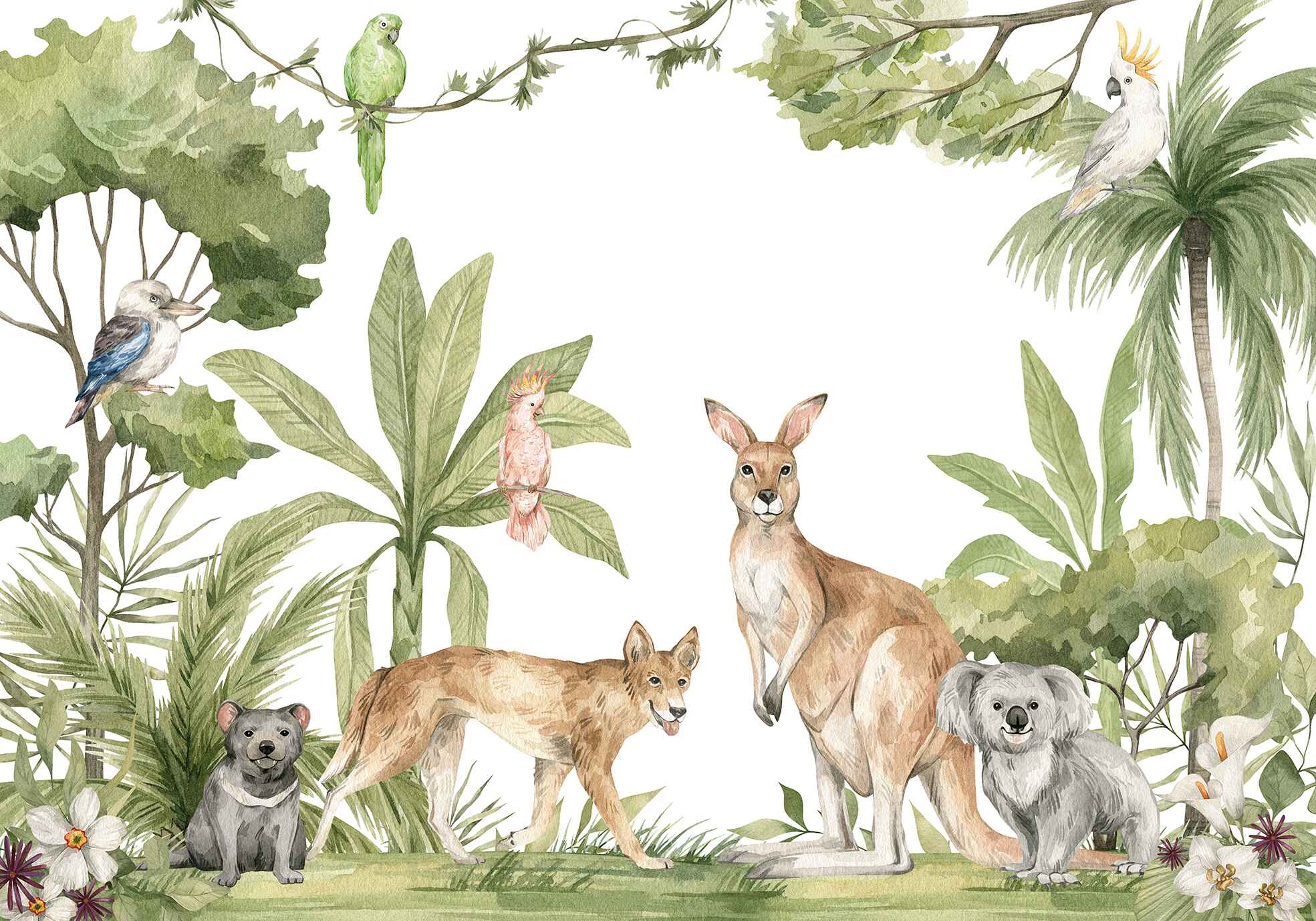Cangaroo and Forest Animals Watercolor Wallpaper Mural