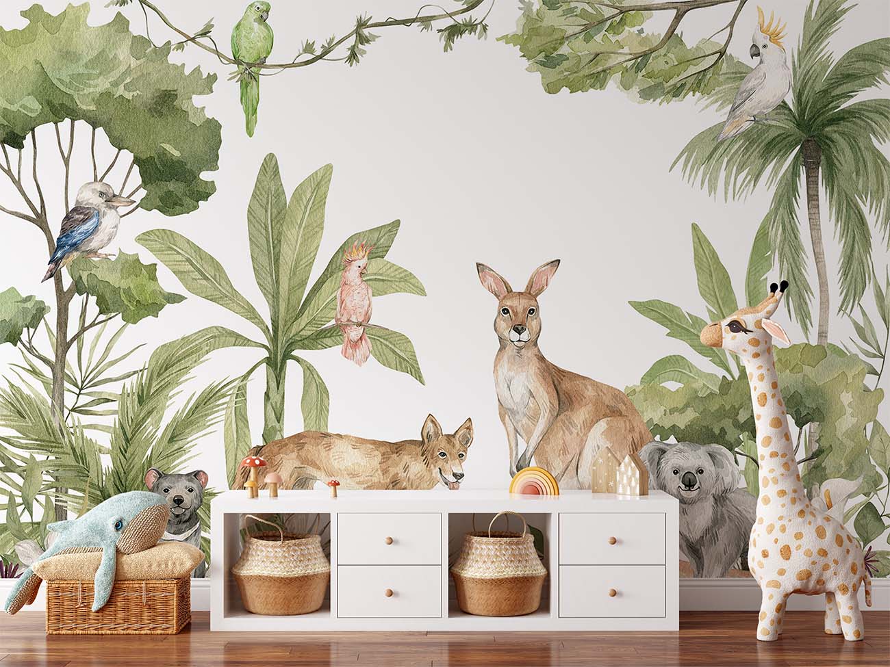 Cangaroo and Forest Animals Watercolor Wallpaper Mural