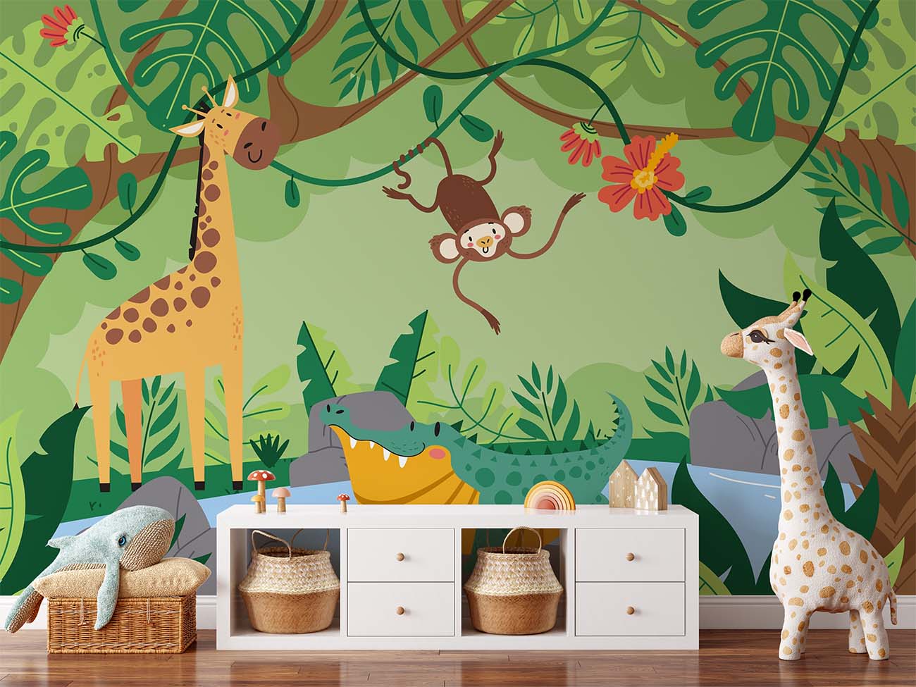 Cartoon Animals Crocodile in Pond Wallpaper Mural