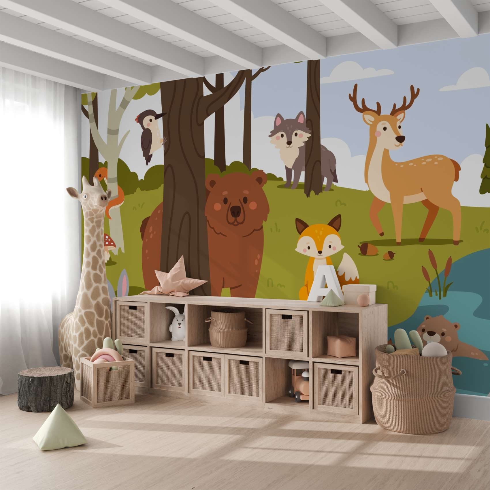 Cartoon Forest Animals River Scene Wall Mural Wallpaper