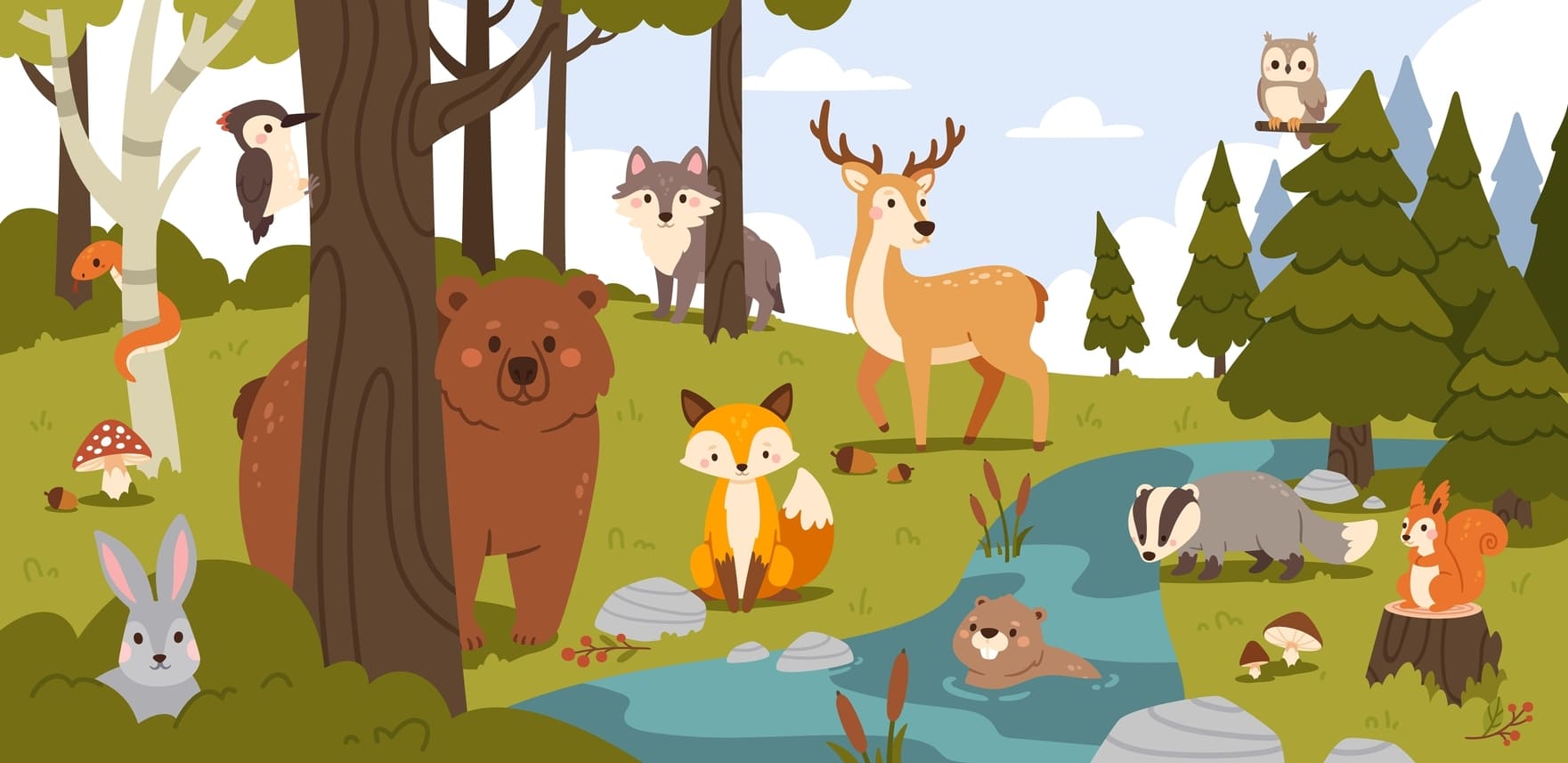 Cartoon Forest Animals River Scene Wall Mural Wallpaper