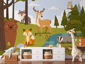 Cartoon Forest Animals River Scene Wall Mural Wallpaper