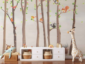 Cartoon Forest Animals in Tall Trees Wall Mural Wallpaper