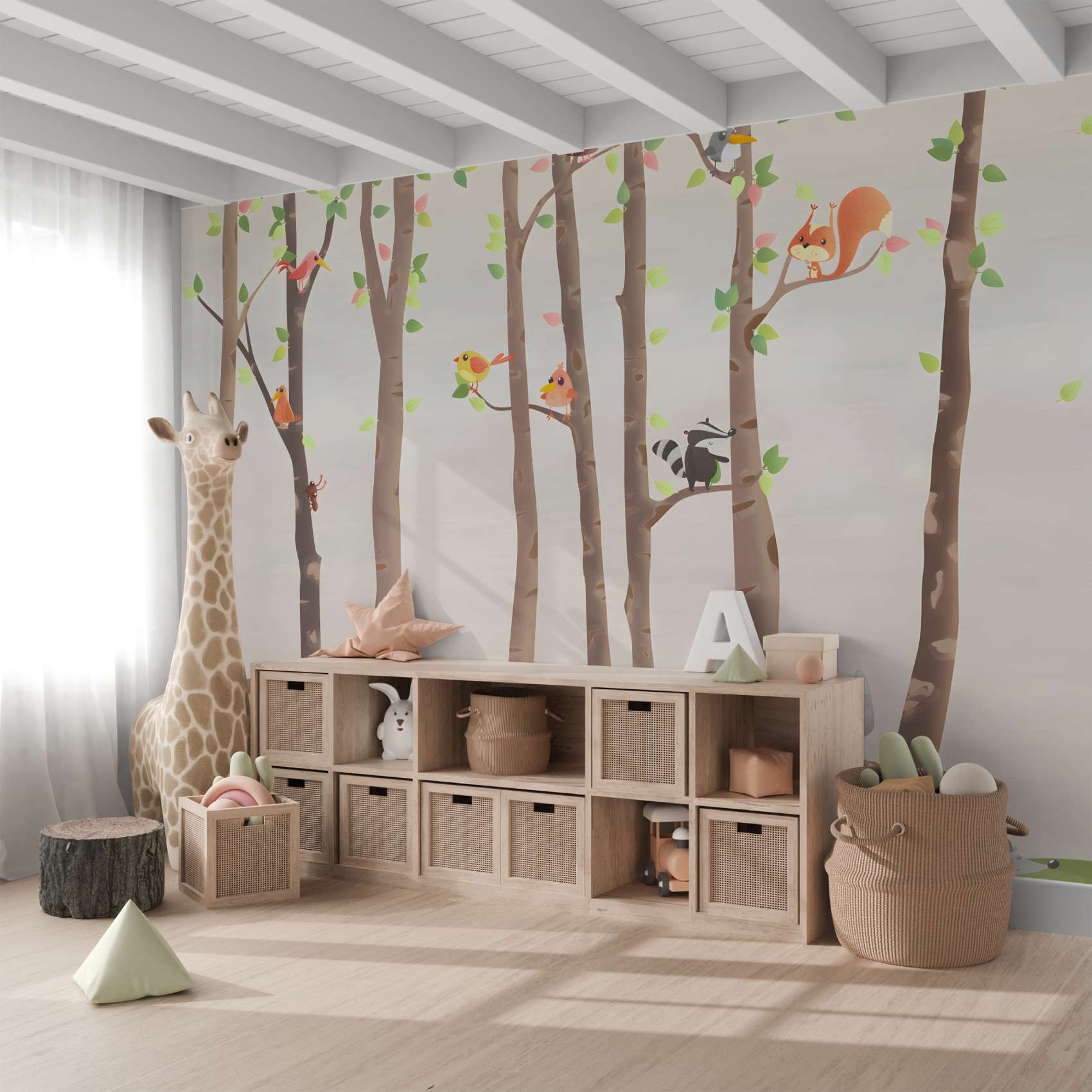 Cartoon Forest Animals in Tall Trees Wall Mural Wallpaper