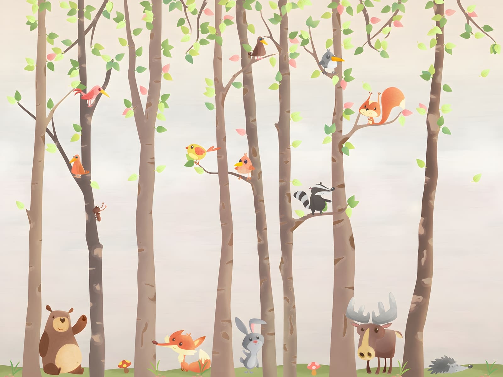 Cartoon Forest Animals in Tall Trees Wall Mural Wallpaper