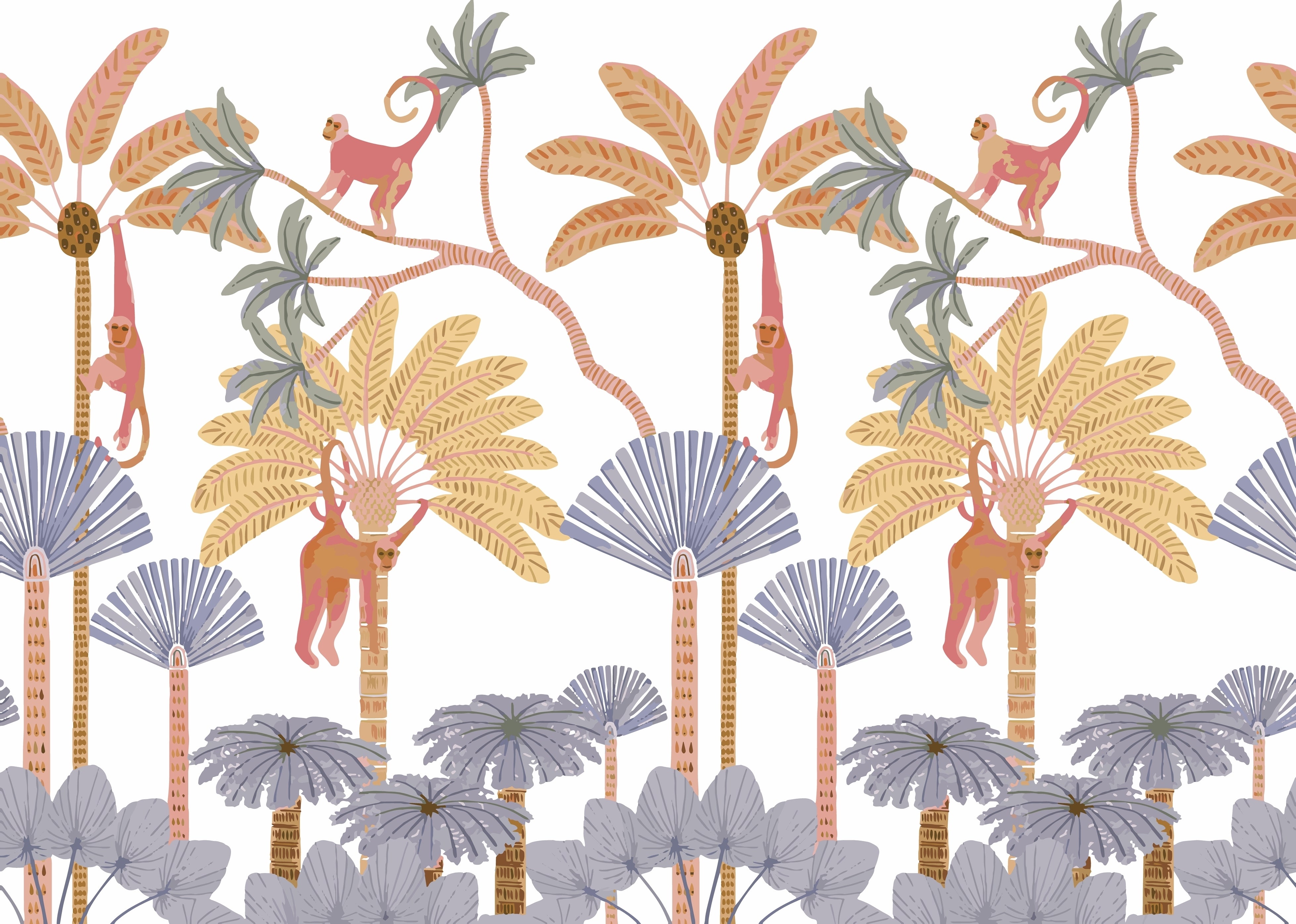 Cartoon Hanging Monkeys Orange-Blue Wallpaper Mural