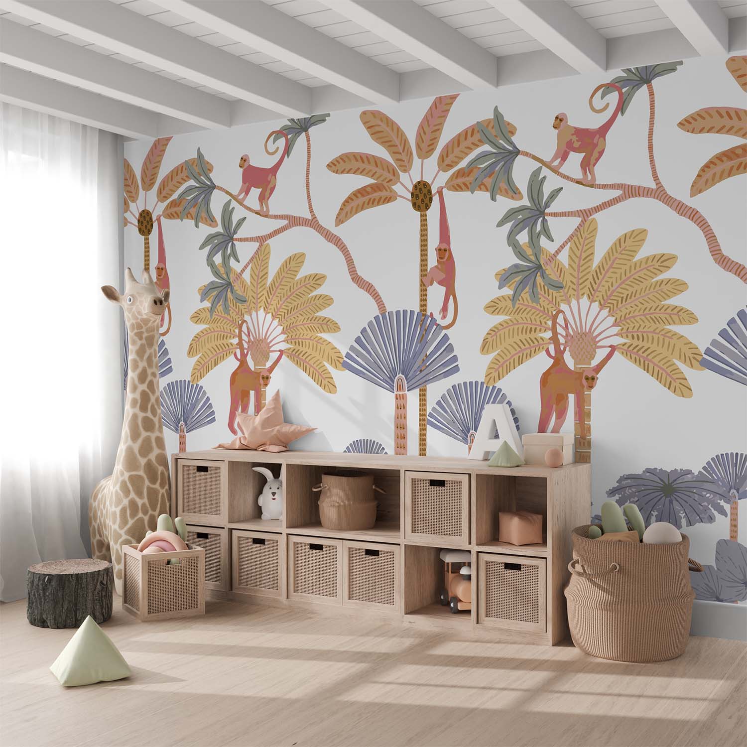 Cartoon Hanging Monkeys Orange-Blue Wallpaper Mural