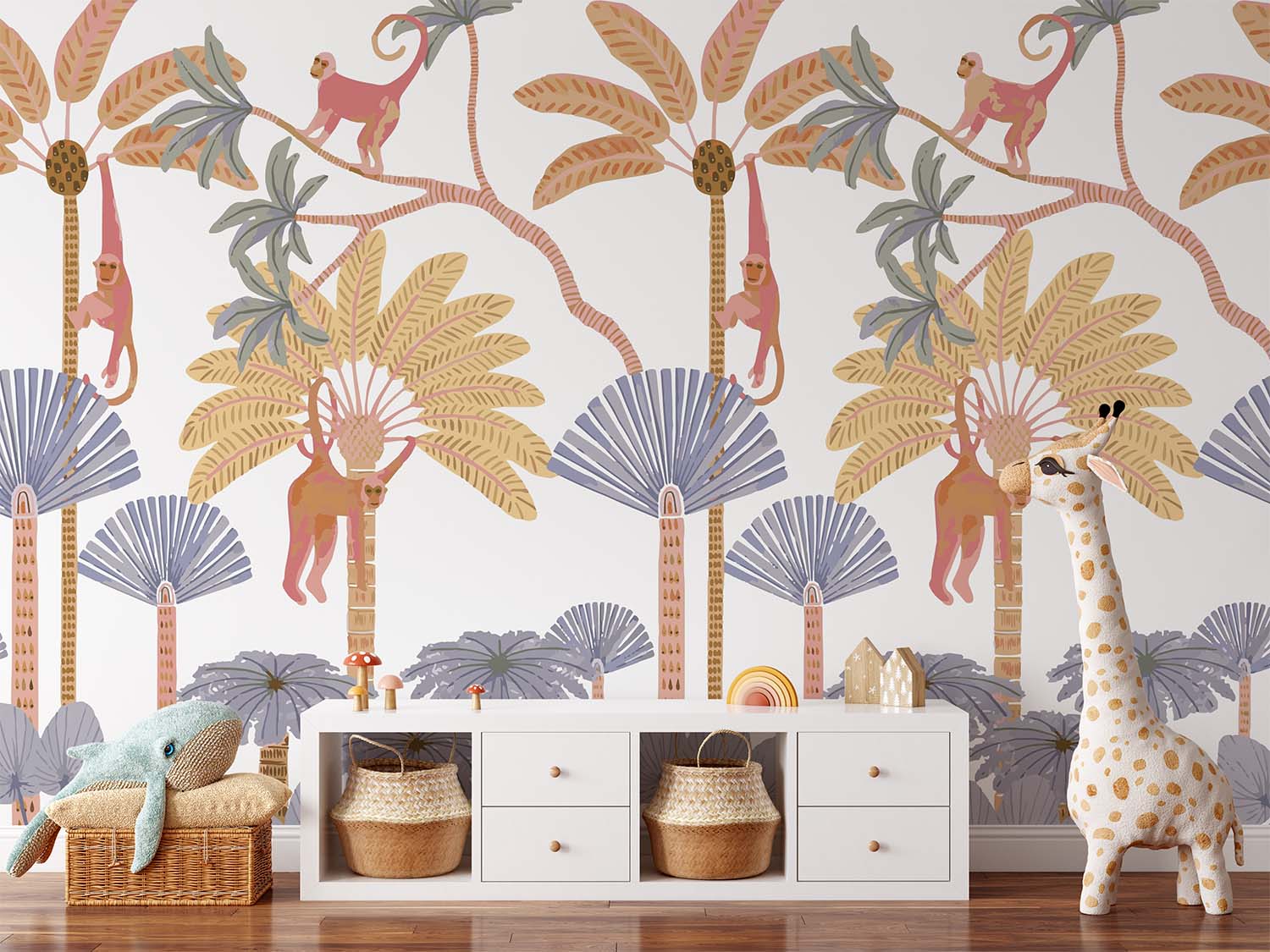 Cartoon Hanging Monkeys Orange-Blue Wallpaper Mural