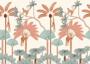 Cartoon Hanging Monkeys Red-Green Wallpaper Mural