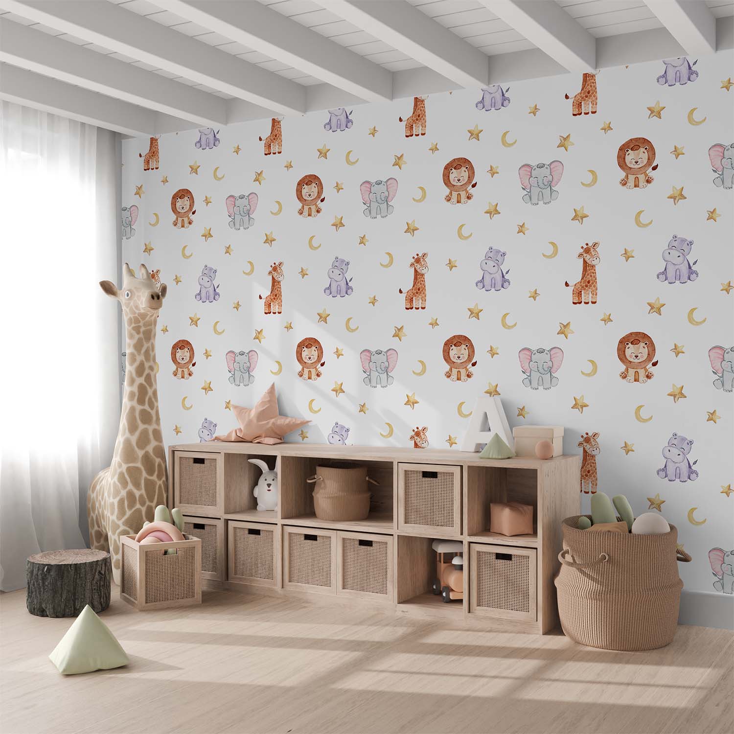 Cartoon Safari Animals Stars and Moon Seamless Wallpaper