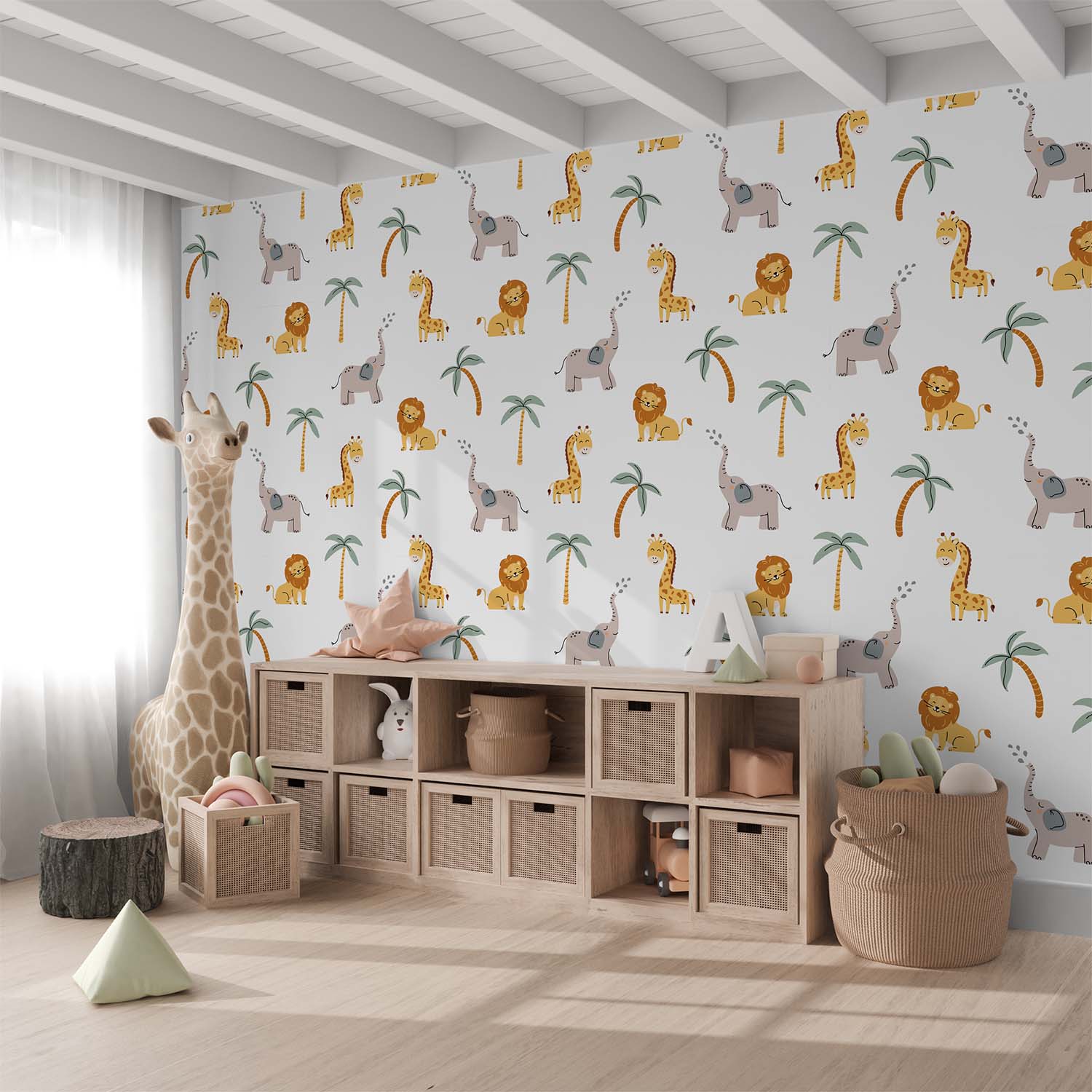 Cartoon Safari Animals With Palm Trees Seamless Wallpaper