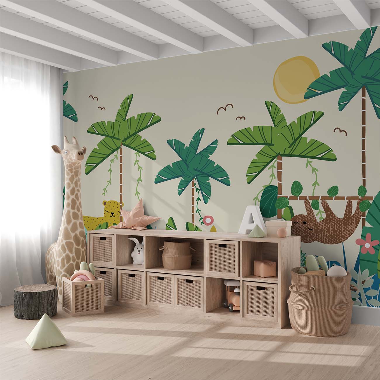 Cartoon Sloth and Leopard Sunny Day Wallpaper Mural