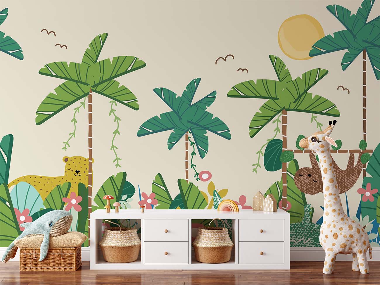 Cartoon Sloth and Leopard Sunny Day Wallpaper Mural