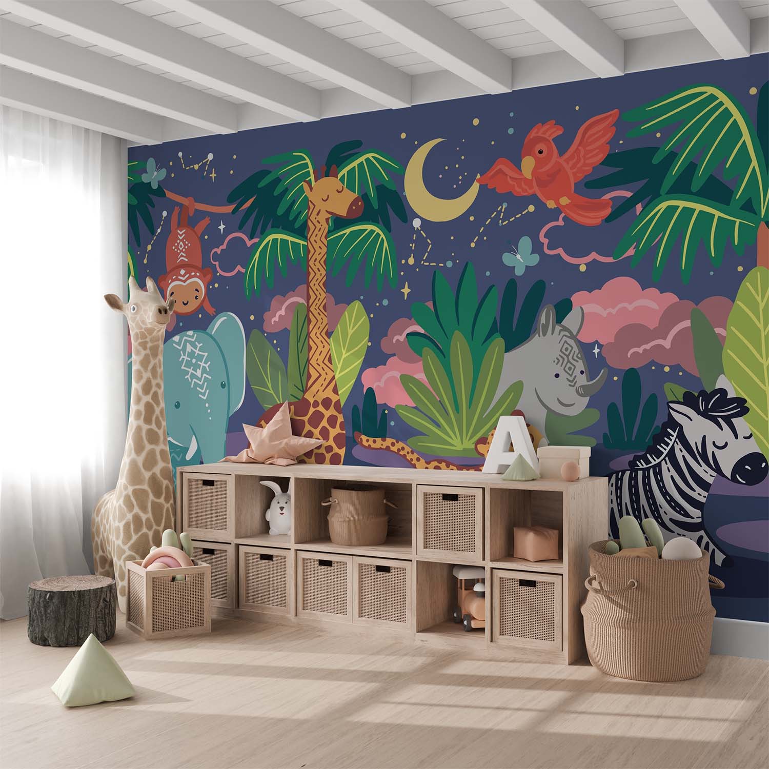 Cartoon Starry Night Animals Adventure Wallpaper Mural