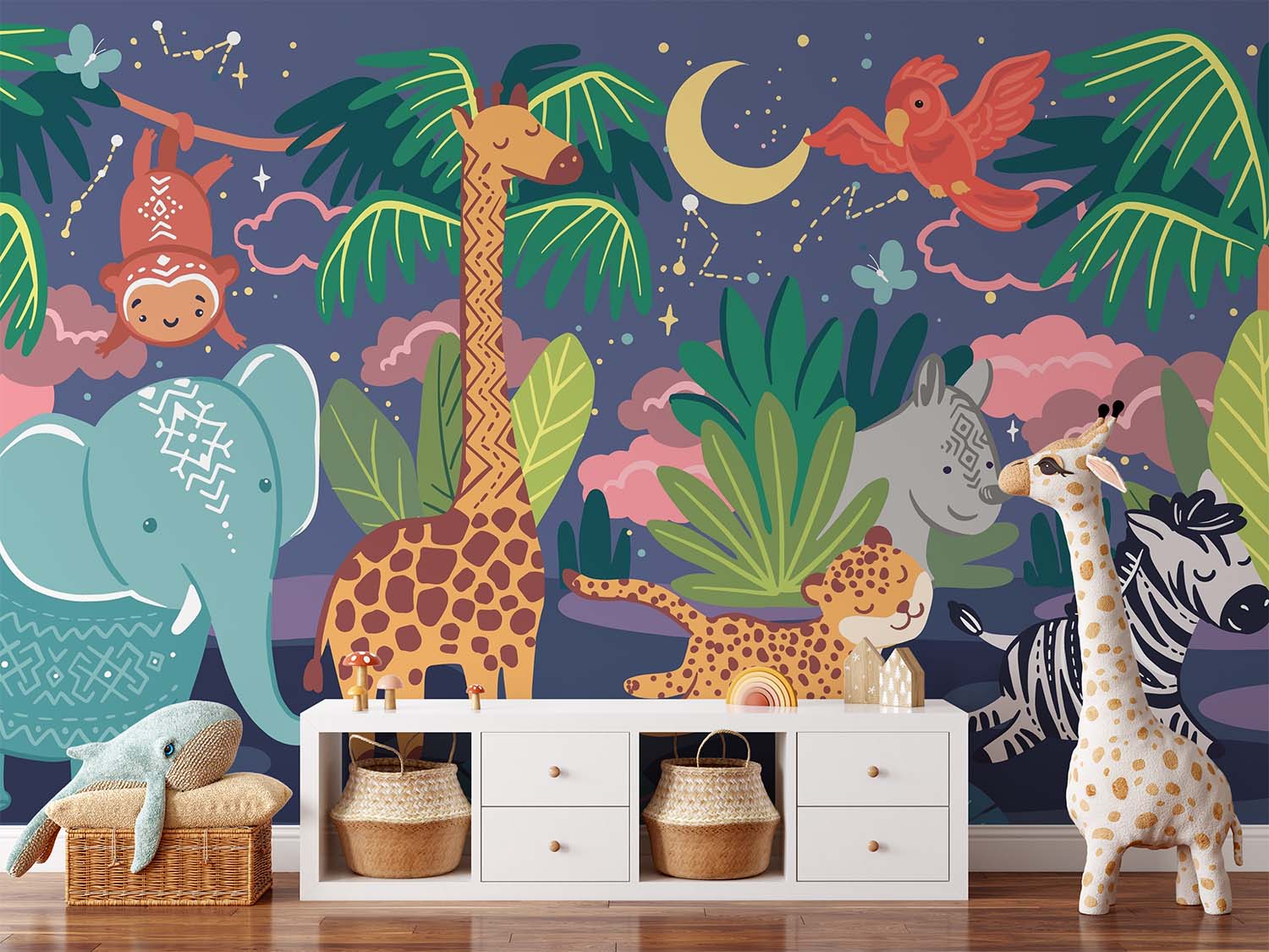 Cartoon Starry Night Animals Adventure Wallpaper Mural