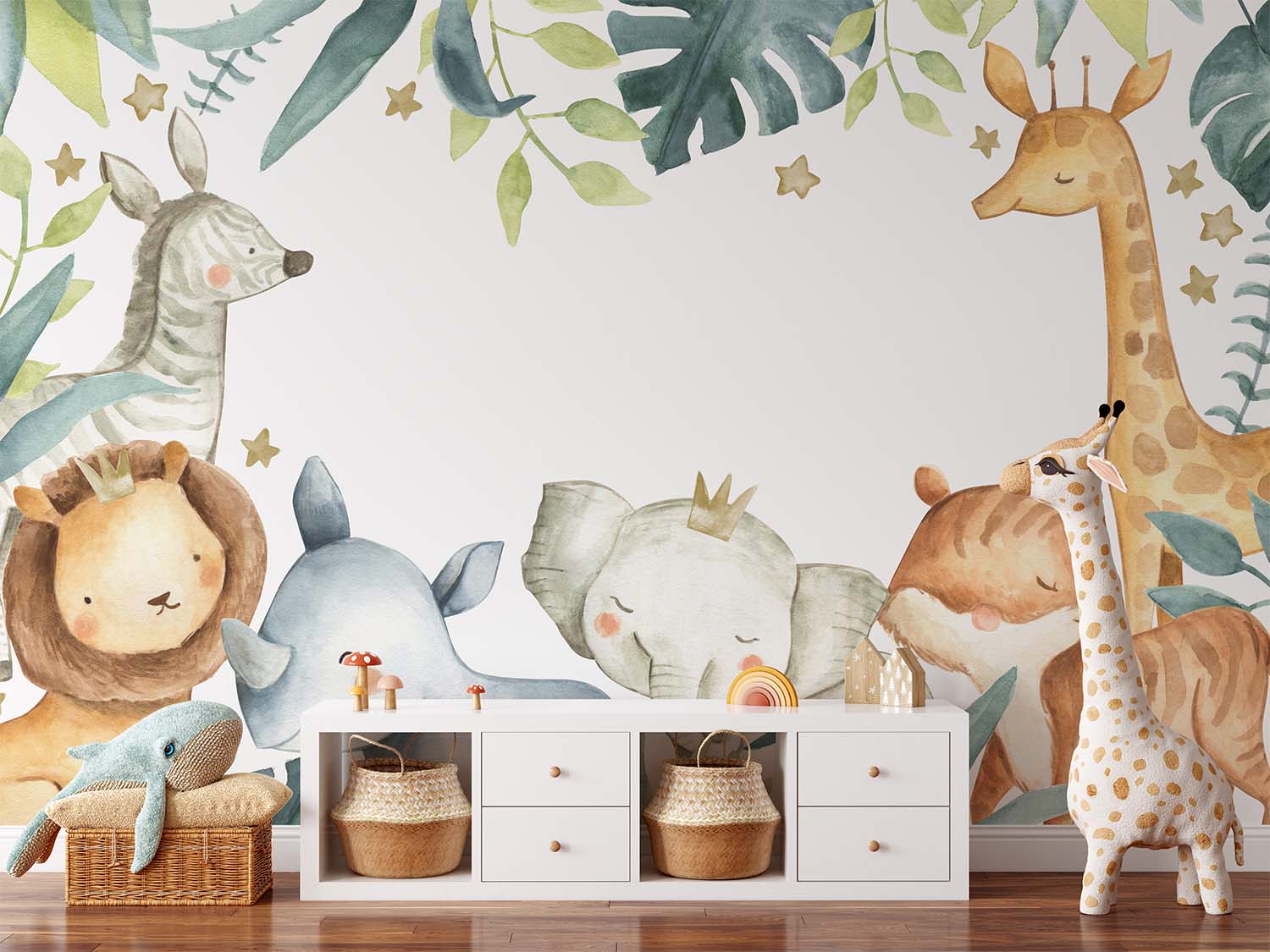 Cartoon Watercolor Safari Animal Friends Wallpaper Mural