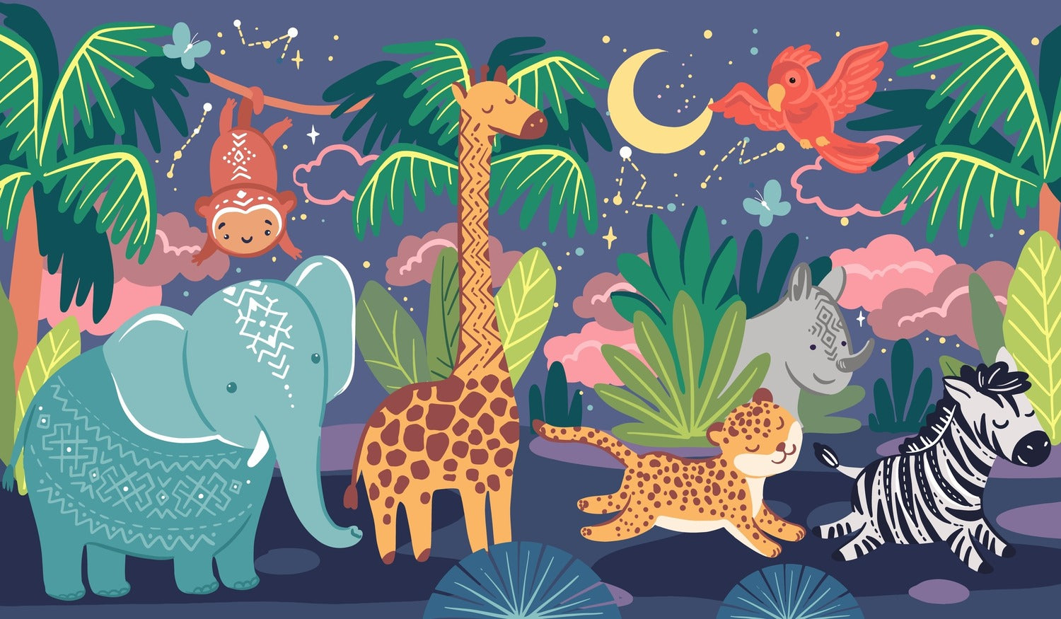 Cartoon Starry Night Animals Adventure Wallpaper Mural