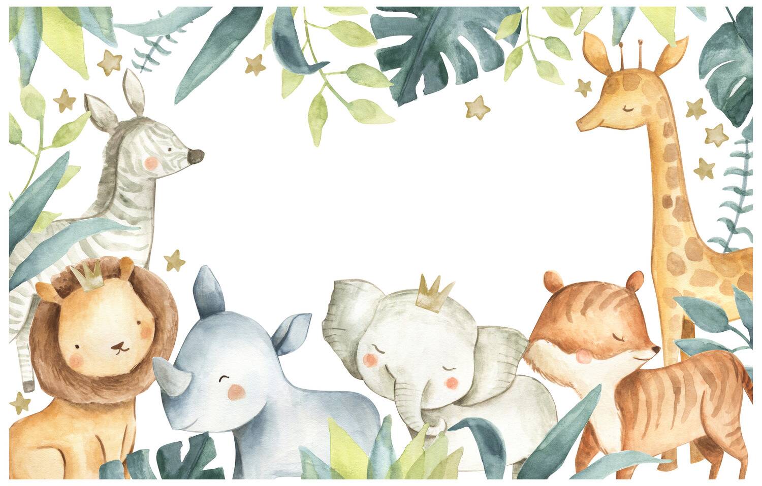 Cartoon Watercolor Safari Animal Friends Wallpaper Mural