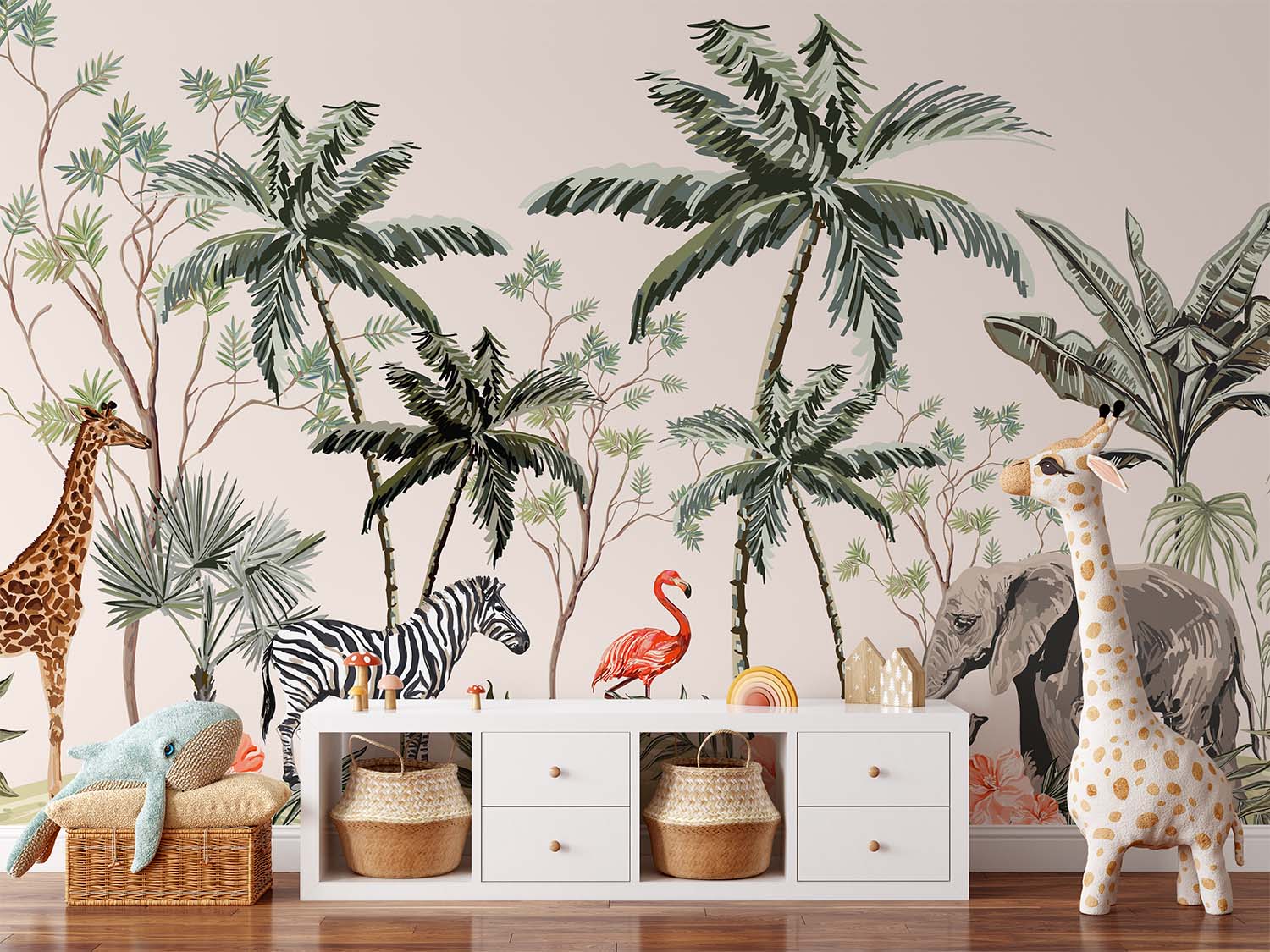 Colorful Drawn Palm Trees Animals Wallpaper Mural