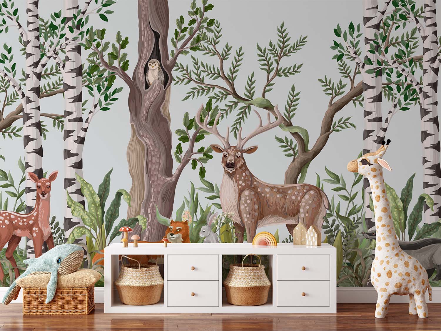 Deer and Woodland Animals Birch Forest Wall Mural Wallpaper
