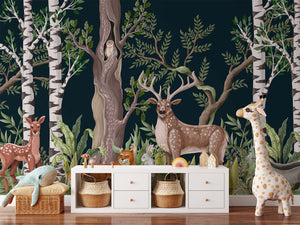 Deer and Woodland Animals Dark Forest Wall Mural Wallpaper