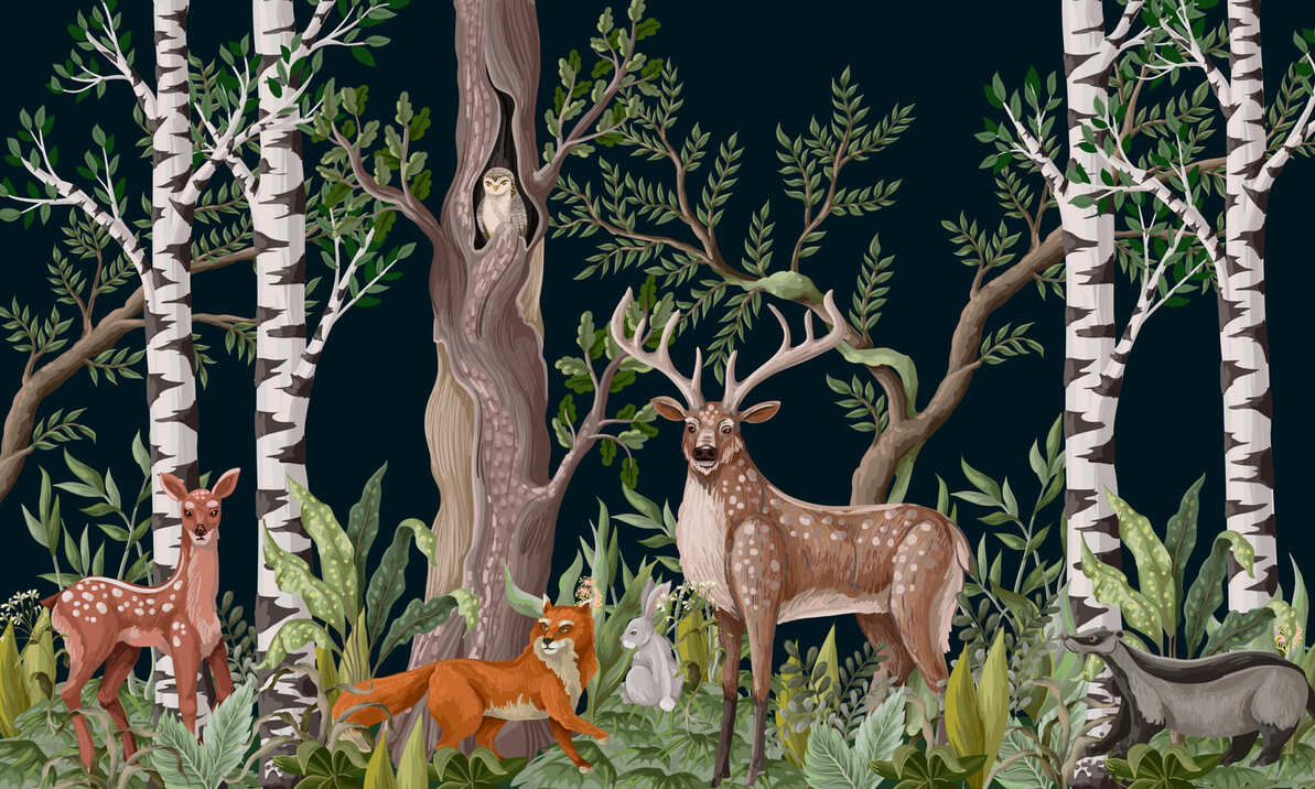 Deer and Woodland Animals Dark Forest Wall Mural Wallpaper