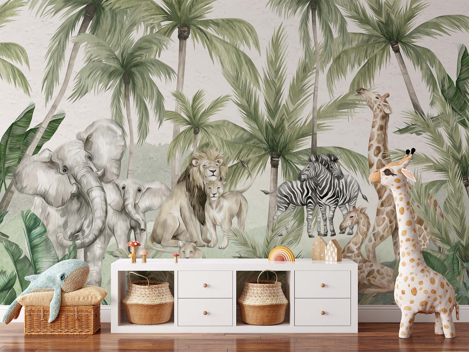 Dense Jungle Animals Watercolor Wallpaper Mural