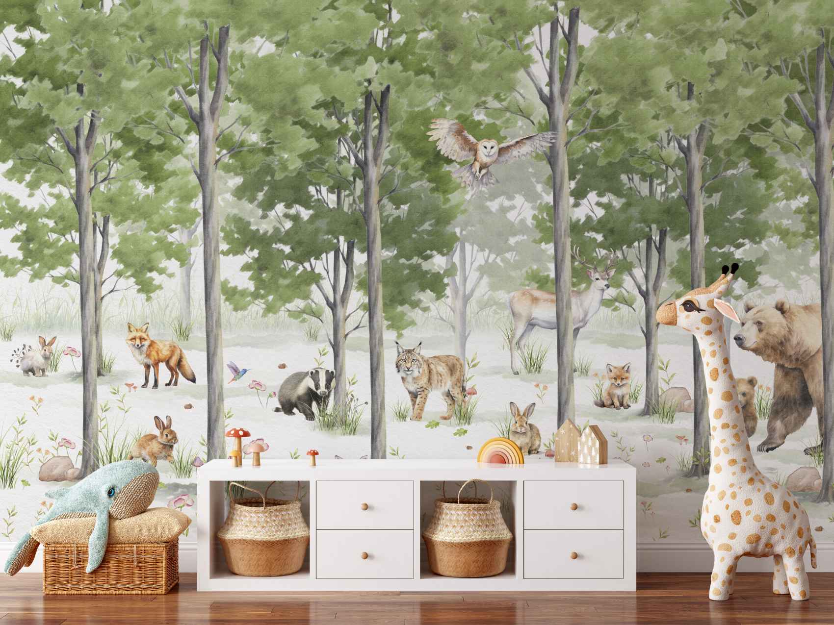 Detailed Forest Animals with Tall Trees Wall Mural Wallpaper