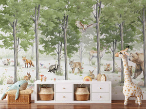 Detailed Forest Animals with Tall Trees Wall Mural Wallpaper