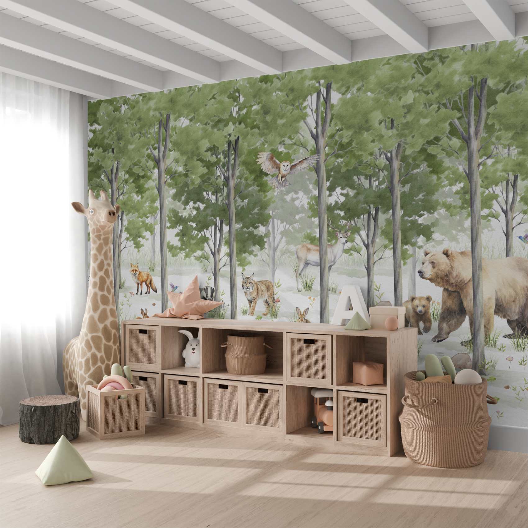 Detailed Forest Animals with Tall Trees Wall Mural Wallpaper
