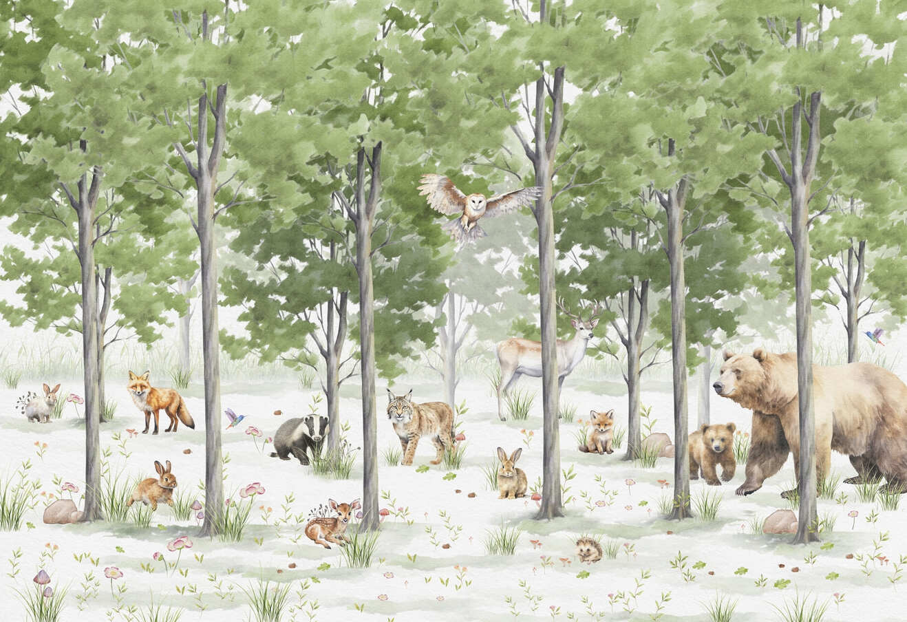 Detailed Forest Animals with Tall Trees Wall Mural Wallpaper