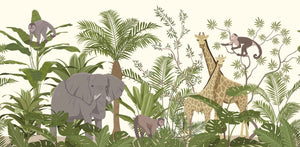 Elephant Giraffe and Monkeys Cartoon Wallpaper Mural