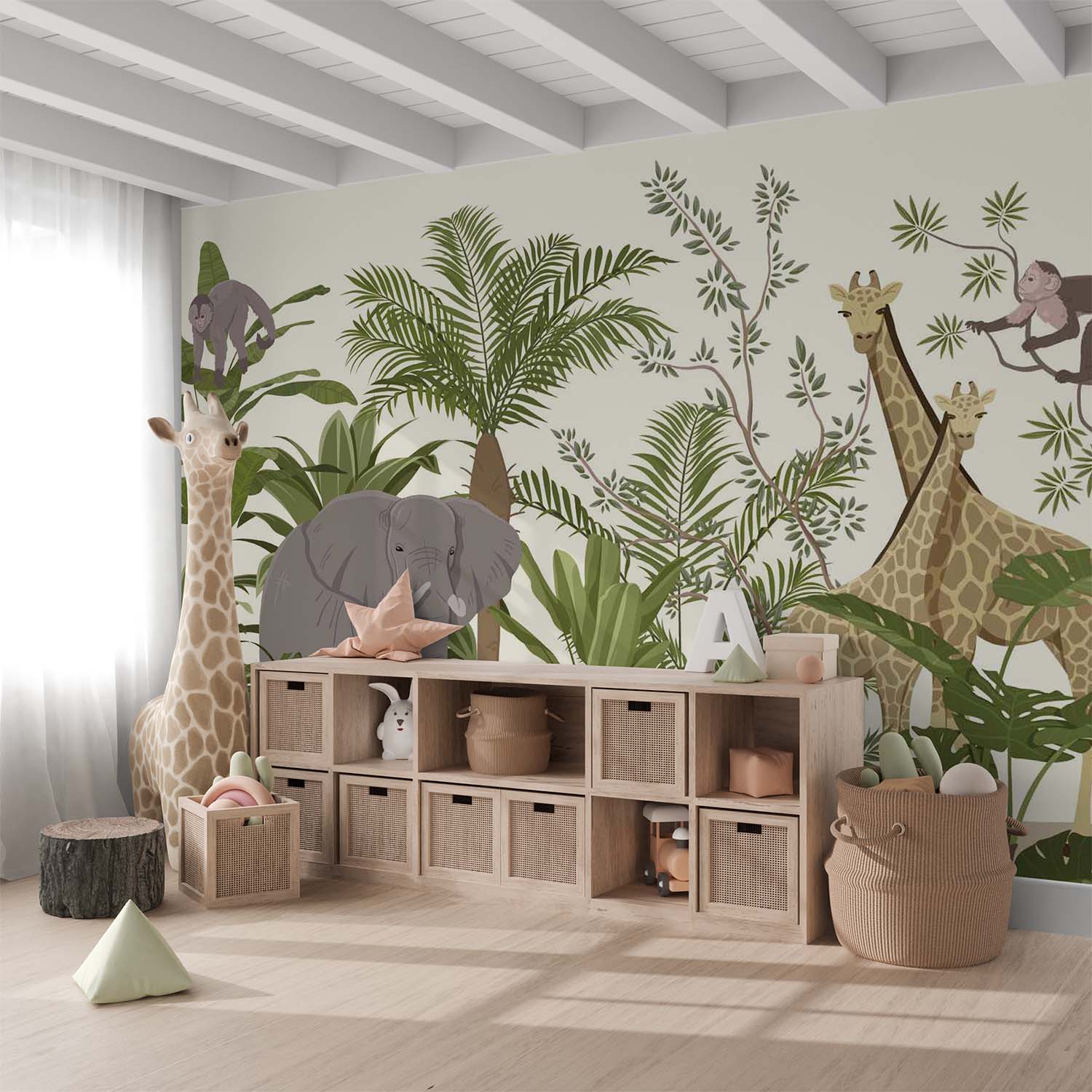 Elephant Giraffe and Monkeys Cartoon Wallpaper Mural