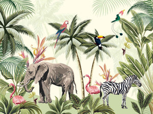 Elephant Zebra Flamingos Watercolor Art Wallpaper Mural