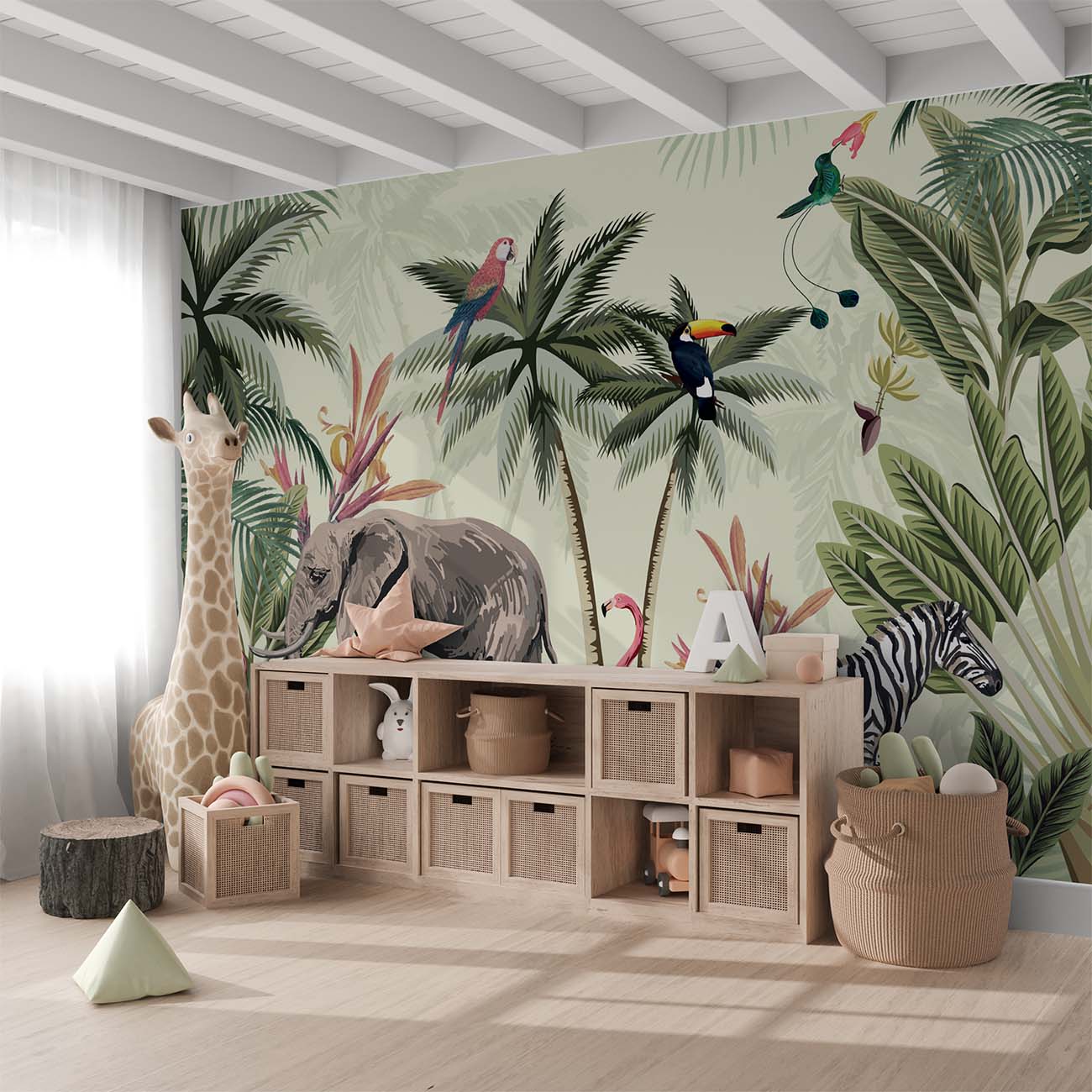 Elephant Zebra Flamingos Watercolor Art Wallpaper Mural