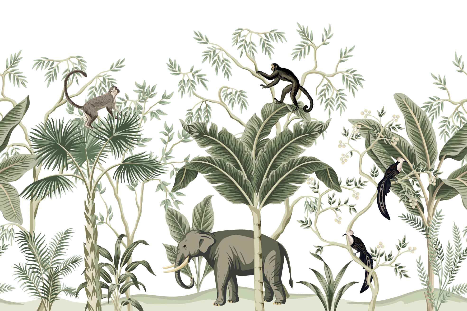Elephant and Monkeys Green Tones Wallpaper Mural