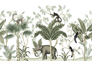 Elephant and Monkeys Green Tones Wallpaper Mural