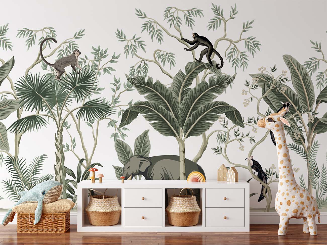 Elephant and Monkeys Green Tones Wallpaper Mural