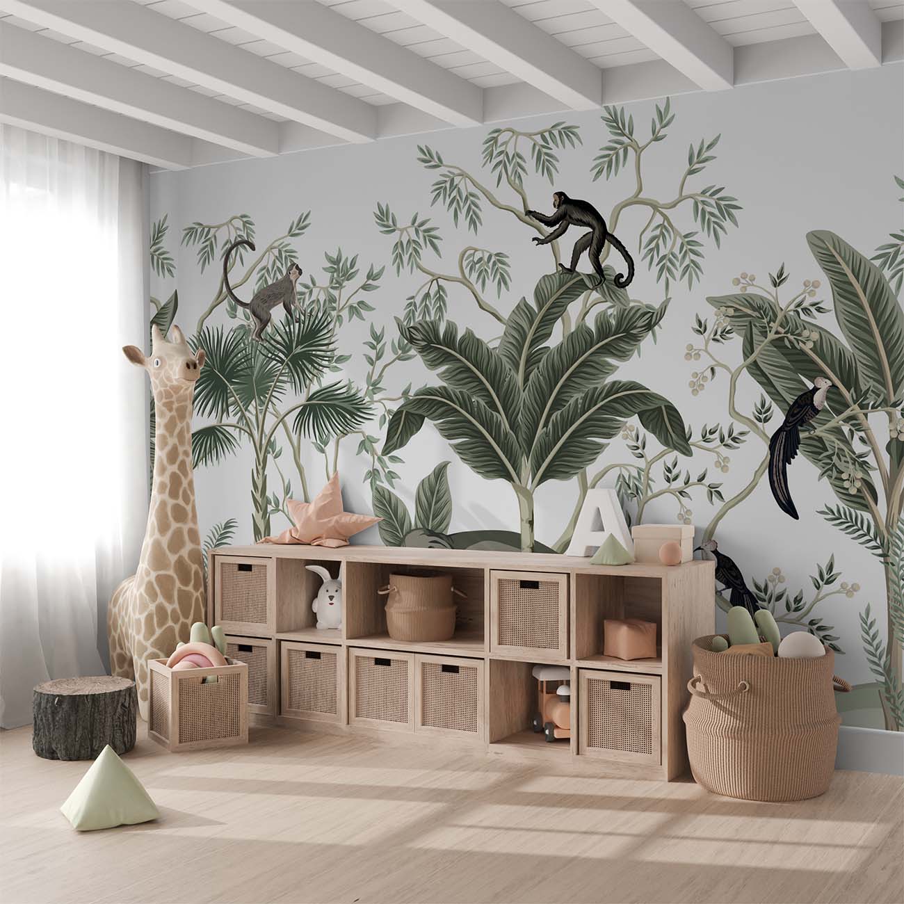 Elephant and Monkeys Green Tones Wallpaper Mural