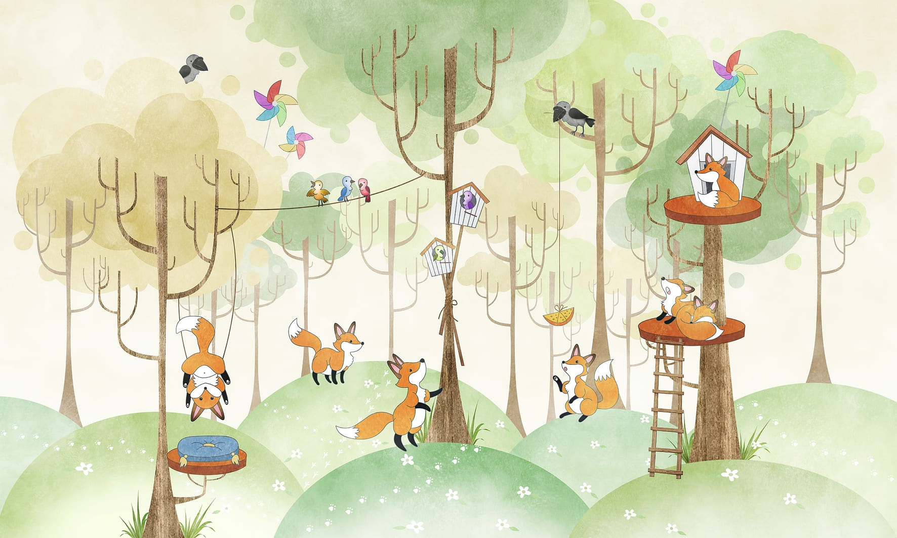 Fox Treehouse Forest Scene Wall Mural Wallpaper