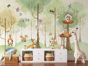 Fox Treehouse Forest Scene Wall Mural Wallpaper
