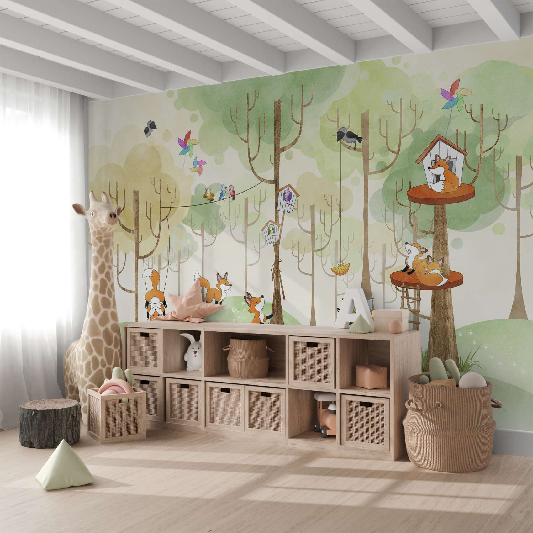 Fox Treehouse Forest Scene Wall Mural Wallpaper