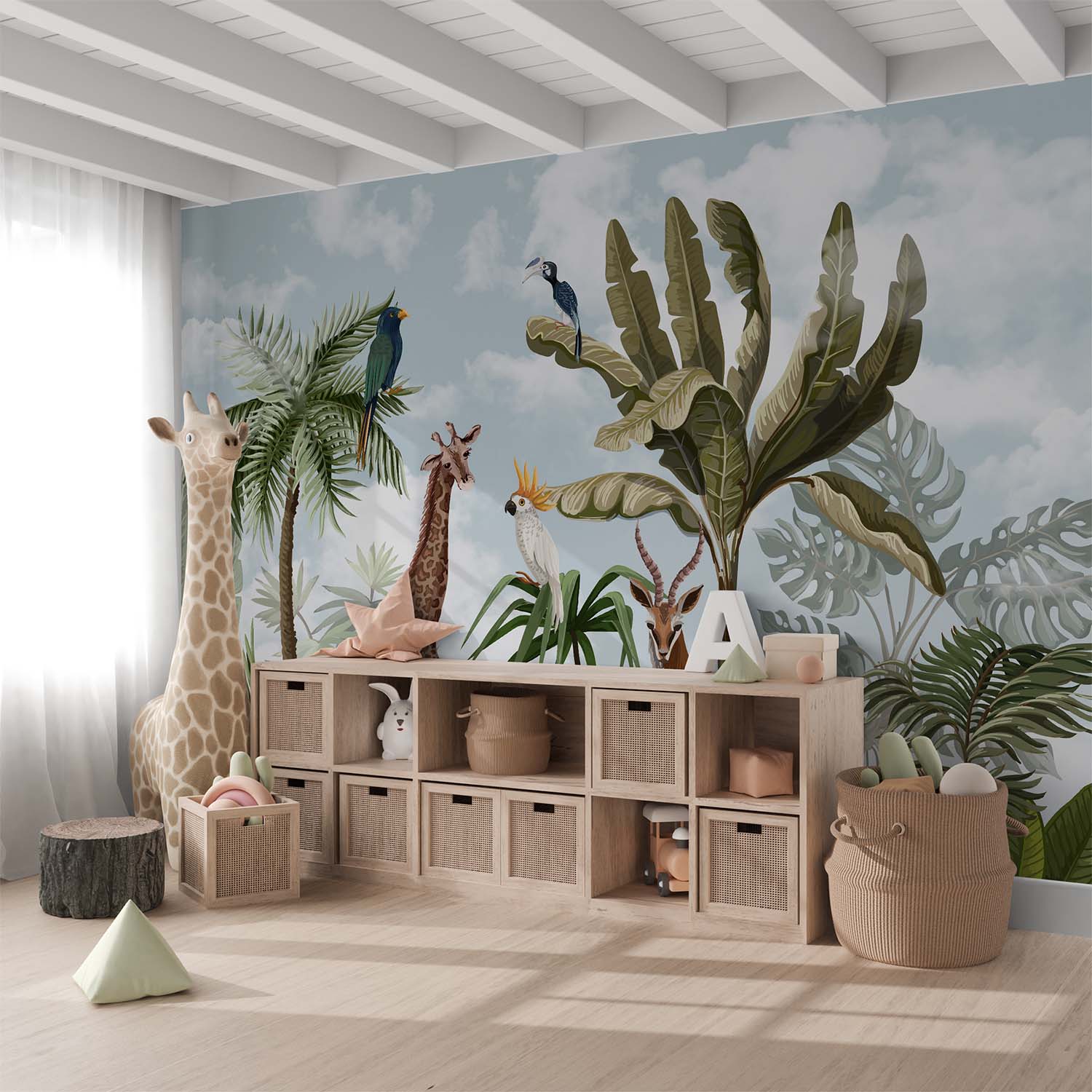 Giraffe Antelope Cloudy Sky Wallpaper Mural