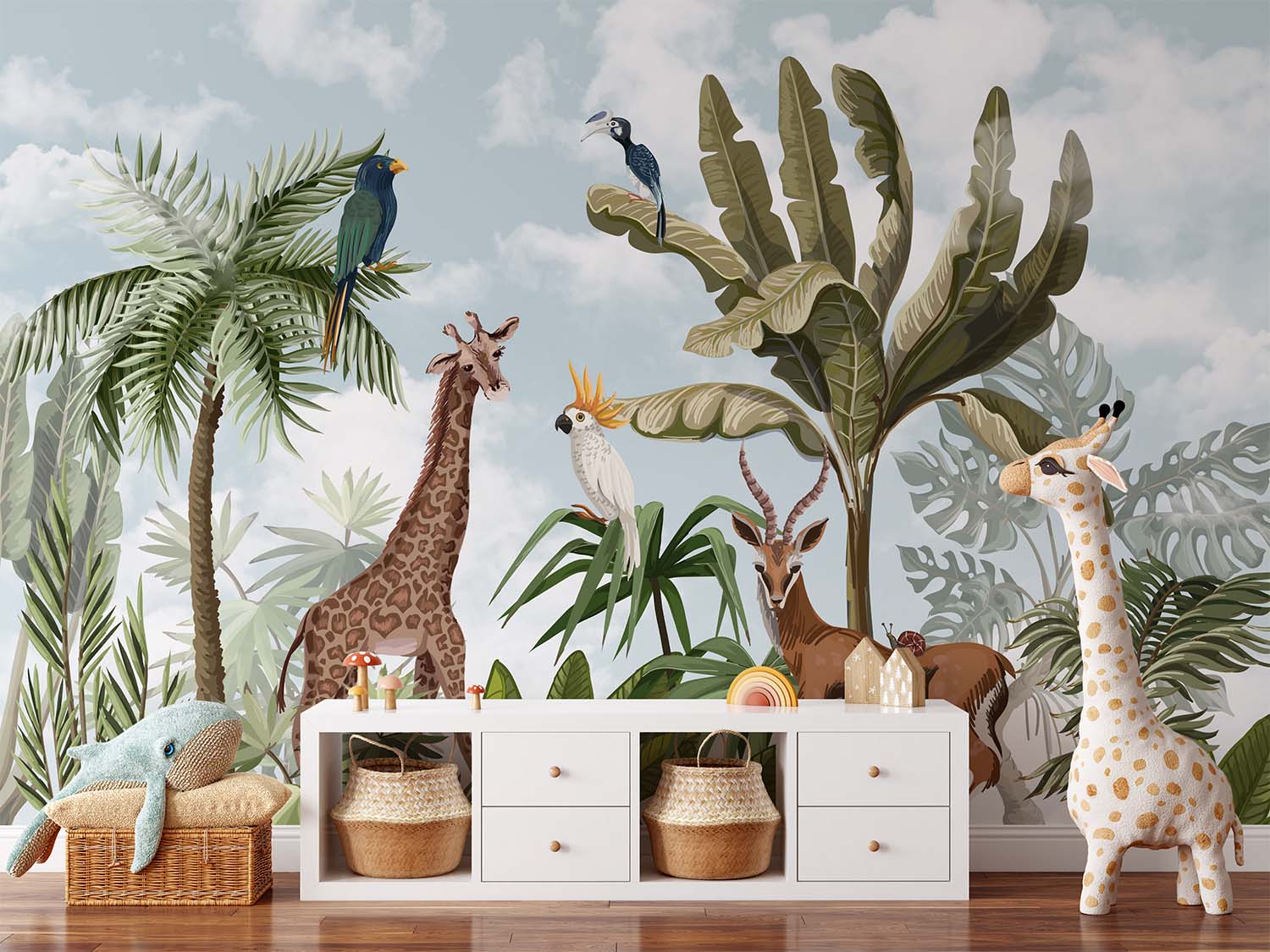 Giraffe Antelope Cloudy Sky Wallpaper Mural