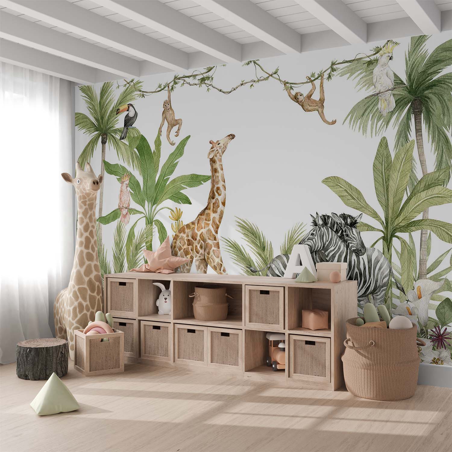 Giraffe and Zebras Watercolor Wallpaper Mural